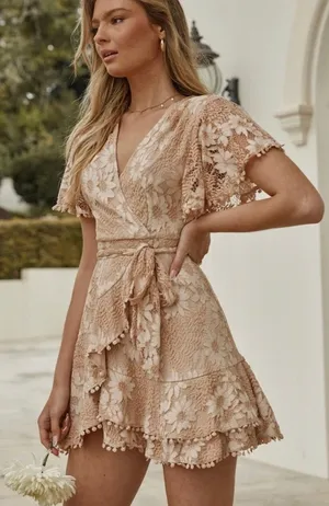 NWT Selfie Leslie Cami Angel Cream V-Neck Short Sleeve Faux Wrap Mini Dress thumbnail 1