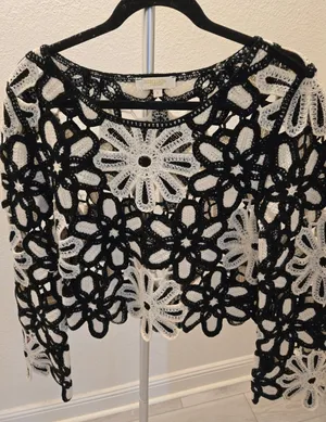 Rebellion Again Floral Crochet Top Black White Open Knit Daisy Sweater Women L thumbnail 1