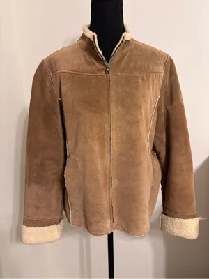 Co & Eddy women’s tan camel suede faux shearling lined jacket size 10 zip front thumbnail 2