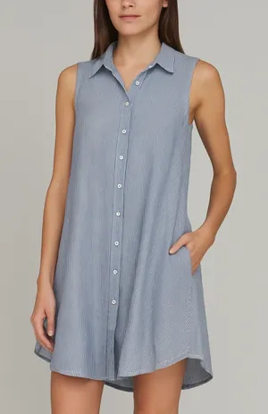 Zara Basic Striped Button Down Tunic Dress XS Blue‎ White Cotton Sleeveless Boho Blue thumbnail 1