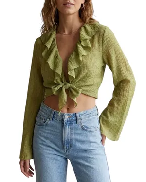 Princess Polly NWT PrettyLittleThing Green Ruffle Tie Front Top Blouse Cropped L 12 Chiffon thumbnail 1