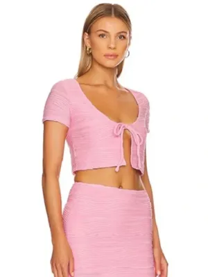 Superdown Open Front Tie Ribbed Textured Short Sleeve Crop Top Pink Womens Small thumbnail 2