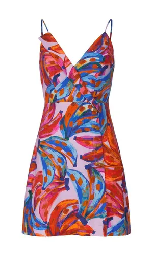 Farm Rio Graphic Bananas Pink Linen Blend Mini Wrap Dress Small thumbnail 1
