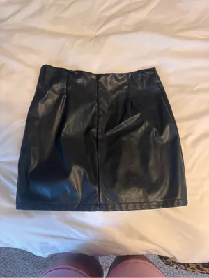 Amazon Black Faux Leather Mini Skirt with Front Slit thumbnail 2