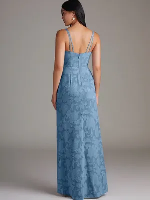Azazie Leo Blue Lace V-Neck Evening Dress with Side Slit thumbnail 2