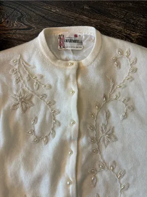 Mademoiselle Cardigan Women 42 US 8 Cream Excellent Vintage Floral Beaded Pearl thumbnail 3
