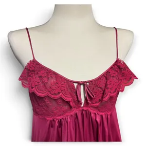 Maidenform Vintage Made in USA Union Made Lace Satin Nightgown Burgundy Medium thumbnail 2