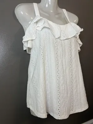 Cable & Gauge Shirt Womens Small White Ruffle Cold Shoulder Eyelet Summer Top thumbnail 2