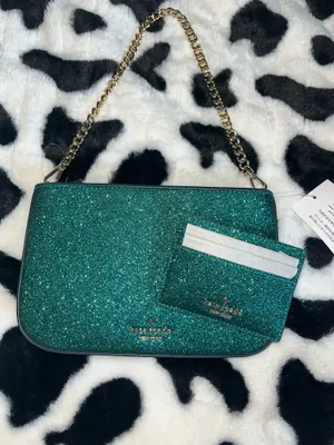 Kate Spade Teal Glitter Clutch with Gold Chain thumbnail 6