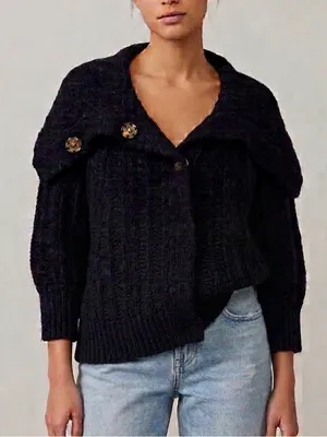 Free People Chunky Knit Cropped Cardigan Sweater Medium Wool Blend Black thumbnail 1