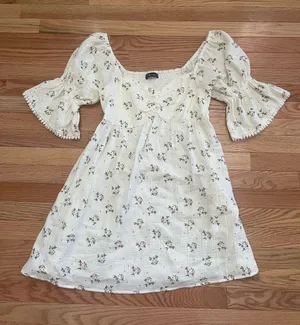 100% Cotton White Floral Gauze Babydoll Mini Dress Small Puff Sleeve Cottagecore thumbnail 1