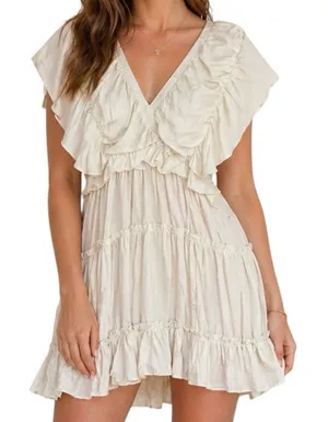 Glam White Ruffle Mini Dress Boho Cottagecore Tie‎ Back Flowy Babydoll Large thumbnail 1