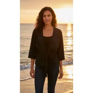 Columbia PFG Jacket‎ Womens Petite Small Black Open Front Wrap Tie Waist 3/4 thumbnail 2