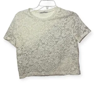 Zara White Floral Lace Short Sleeve Mesh Blouse Top Romantic Feminine‎ Sz Small thumbnail 1