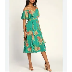 Lulus Romantic Love Floral Chiffon Ruffle Cold Shoulder Midi‎ Dress Green XS thumbnail 2