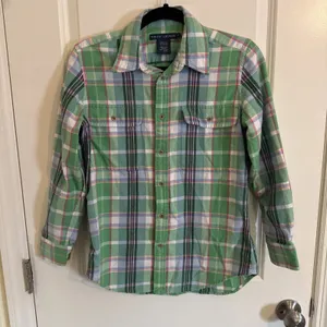 Laurel Ralph Lauren RLL Flannel Button Down Women's Green Pink Shirt Size 10 thumbnail 1
