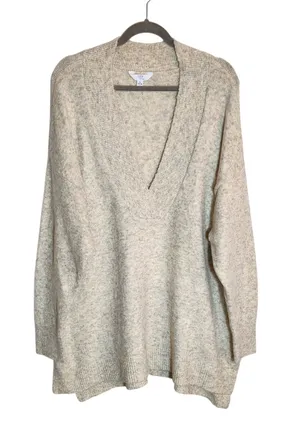 Time and Tru Cream Gray Oatmeal Fuzzy Oversized V-Neck Sweater Size XL NWT thumbnail 1