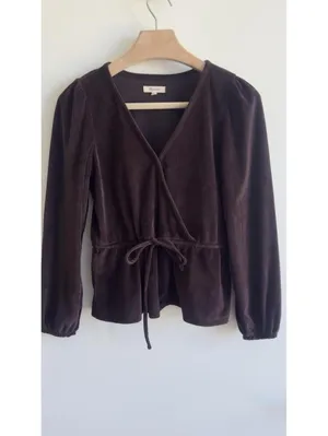 Madewell Corduroy Tie Front Faux Wrap Top Spiced Raisin Balloon Sleeve S thumbnail 3