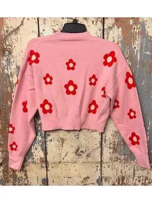 Bailey Rose Womens pink cropped flower cardigan, pink and red, size small thumbnail 2