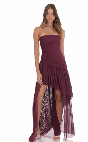 Lucy in the Sky Mesh Asymmetrical High Low Maxi Dress in Plum thumbnail 2
