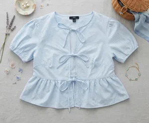 Wild Fable Blue Gingham Tie Front Peplum Puff Sleeve Top Womens Medium thumbnail 1