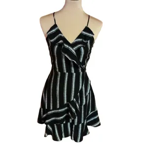 Lydelle Small Black White Striped Ruffle Crossover Mini Dress thumbnail 2