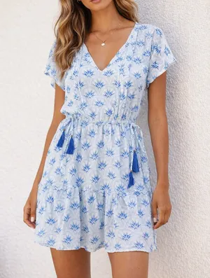 Oliphant Tuckernuck Cotton Printed Short Sleeve Cinch Waist Mini Dress Blue Med thumbnail 1