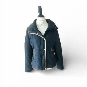 BONGO Quilted Navy Blue Coat with Tan Leather Trim Zip & Button Closure Sz XL thumbnail 3