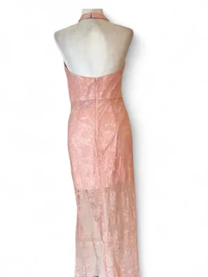 NBD Revolve Dusty Pink Lace Halter Gown Cottagecore Barbie Formal Dress M Prom thumbnail 3