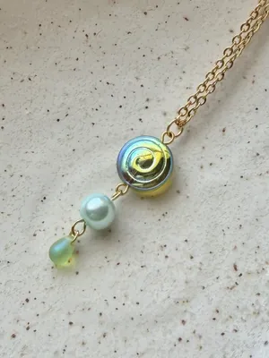 Handmade Czech glass teardrop & swirl gold tone stainless necklace🍃🌀 thumbnail 5