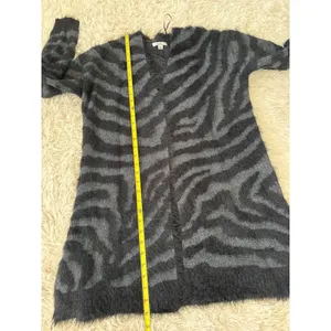 Isela Fuzzy Knit Cardigan Duster Sweater‎ Open Front Zebra Stripe Gray Black M thumbnail 8