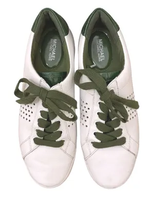 Michael Kors White Leather Low Top Sneakers Green Croc Trim Perforated Womens 8M thumbnail 1