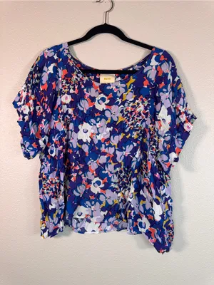 Maeve Blue Red Floral Blouse Womens L Casual Flowy Romantic Short Sleeve Top thumbnail 9