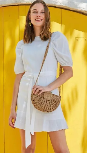 Boutique NWT white puff sleeve ruffle hem belted dress thumbnail 1