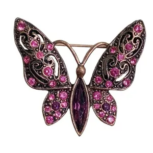 Coppertone Butterfly Pink Purple Rhinestone Brooch Whimsical Preppy Cottagecore thumbnail 1