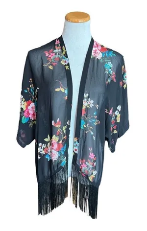 NWT Womens Eyeshadow Black Floral Fringe Kimono Poncho - Sz XS thumbnail 1