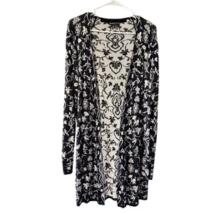 Janina Black White EU‎ 42, US Large Duster Cardigan Open Front Midi Sweater thumbnail 3