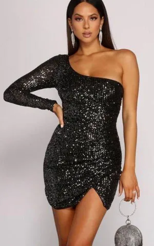 Windsor Black Sequin One Shoulder Bodycon Dress thumbnail 1