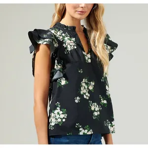 Sugarlips Black Emery Floral‎ Split Neck Ruffle Sleeve Cotton Top Medium Womens thumbnail 2