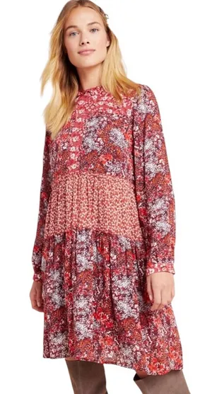 Anthropologie Maeve Esther Tiered Boho Tunic Mini Dress Red Floral Size S thumbnail 1