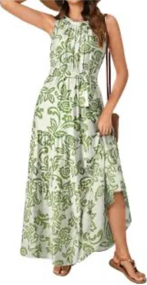 Sleeveless Cream Maxi Dress with Green Floral Print and Waist Tie thumbnail 1