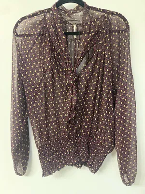 FREE PEOPLE Sheer Burgundy Geometric Tie-Neck Blouse Women’s Size medium thumbnail 1