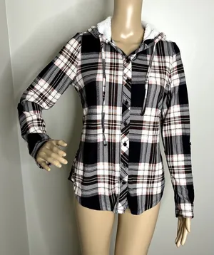 No Comment Black Pink Plaid Hooded Button Down Top thumbnail 1