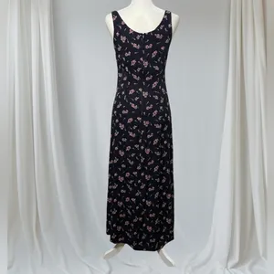 Vintage 90s Long Black Pink Floral Dress Size 11/12 Dark Floral Whimsy Goth thumbnail 4