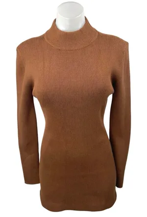 Line and Dot Brown Rib Knit Mock Neck Long Sleeve Mini Bodycon Sweater Dress S thumbnail 1
