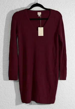 A New Day Dress Burgundy XS Women V-Neck Ribbed Knit Mini NEW FLAWED thumbnail 1