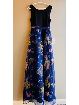 ModCloth Navy Blue Sleeveless Maxi Dress with Floral Organza Overlay and Waist S thumbnail 2