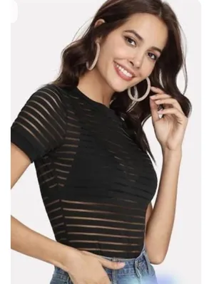 Women's Striped Bodysuit Blouse Size L Black Size L thumbnail 2