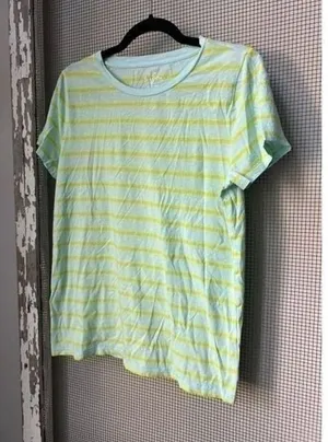 J.CREW T-Shirt Women Size Large Blue/Yellow Stripe Slub Cotton Tee Casual Basic thumbnail 1