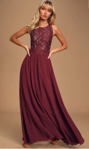 Lulus Burgundy Lace Bodice Maxi Dress Bridesmaid Formal‎ Event Size S thumbnail 1